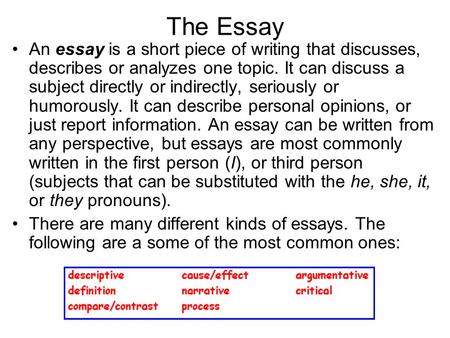 The Essay An essay is a short piece of writing that discusses, describes or analyzes one topic. It can discuss a subject directly or indirectly, seriously.