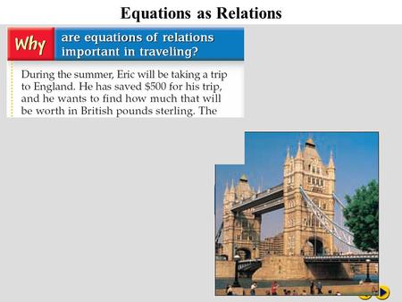 Equations as Relations. The equation p = 0.69d is an example of an equation in two variables. A solution of an equation in two variables is an ordered.