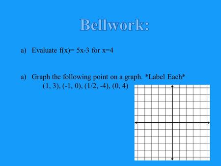 A)Evaluate f(x)= 5x-3 for x=4 a)Graph the following point on a graph. *Label Each* (1, 3), (-1, 0), (1/2, -4), (0, 4)