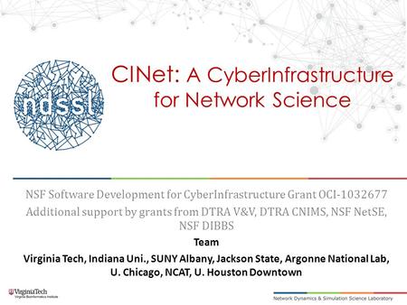 CINet: A CyberInfrastructure for Network Science NSF Software Development for CyberInfrastructure Grant OCI-1032677 Additional support by grants from DTRA.