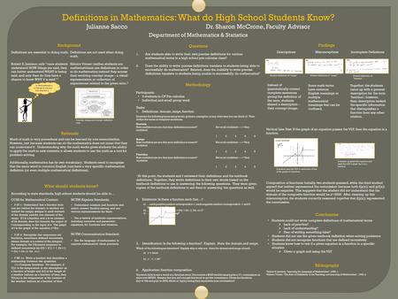 Definitions in Mathematics: What do High School Students Know? Julianne SaccoDr. Sharon McCrone, Faculty Advisor Department of Mathematics & Statistics.