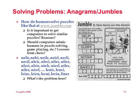 CompSci 100E 7.1 Solving Problems: Anagrams/Jumbles  How do humans solve puzzles like that at www.jumble.comwww.jumble.com  Is it important to get computers.