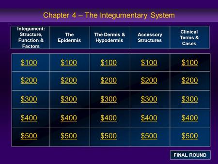 Chapter 4 – The Integumentary System $100 $200 $300 $400 $500 $100$100$100 $200 $300 $400 $500 Integument: Structure, Function & Factors The Epidermis.