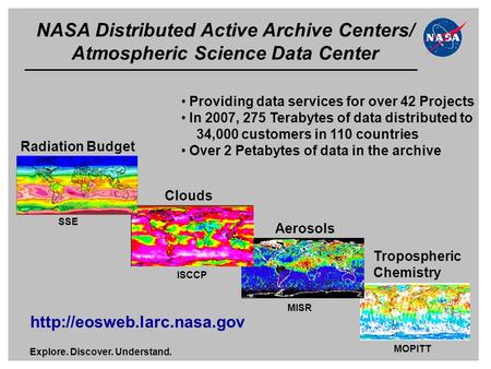Explore. Discover. Understand. Providing data services for over 42 Projects In 2007, 275 Terabytes of data distributed to 34,000 customers in 110 countries.