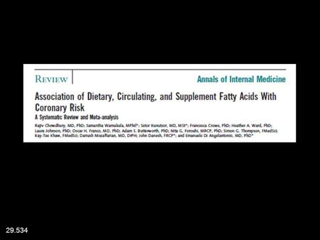 29.534. Fat typeCohorts, dietCohorts, bloodRandomized trials SaturatedRR = 1.02 ( 0.97-1.07) RR = 1.06 (0.86-1.30) MonounsatRR = 0.99 (0.89-1.09) RR =