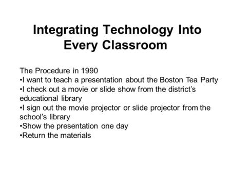 The Procedure in 1990 I want to teach a presentation about the Boston Tea Party I check out a movie or slide show from the district’s educational library.