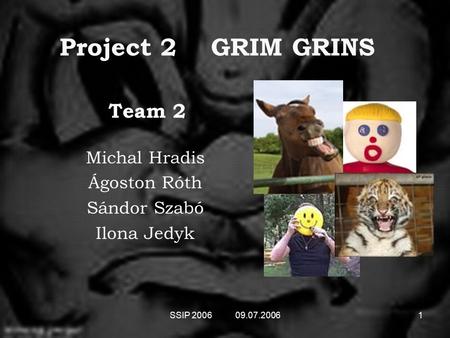 SSIP 2006 09.07.20061 Project 2 GRIM GRINS Michal Hradis Ágoston Róth Sándor Szabó Ilona Jedyk Team 2.