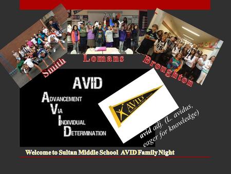 Avid adj. (L. avidus, eager for knowledge). Mr. Plummer Mr. Broughton Mrs. Lomans Mrs. Smith Mrs. Harder Mrs. Ramirez Mr. Buechler Mrs. Pellham Mrs. Douglas.