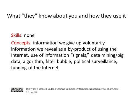 Skills: none Concepts: information we give up voluntarily, information we reveal as a by-product of using the Internet, use of information “signals,” data.