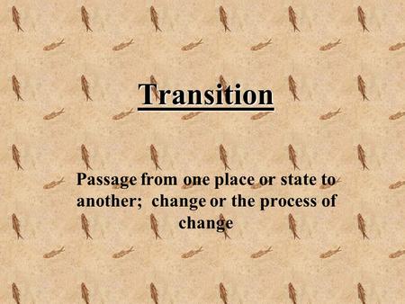 Transition Passage from one place or state to another; change or the process of change.