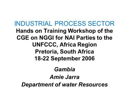 INDUSTRIAL PROCESS SECTOR Hands on Training Workshop of the CGE on NGGI for NAI Parties to the UNFCCC, Africa Region Pretoria, South Africa 18-22 September.