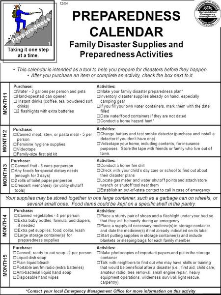 PREPAREDNESS CALENDAR Family Disaster Supplies and Preparedness Activities Purchase:  Canned, ready-to-eat soup - 2 per person  Liquid dish soap  Plain.