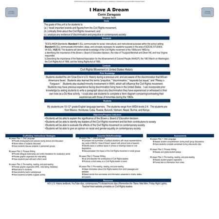 I Have A Dream Corin Zaragoza Virginia Tech Standards Contexts Goals Prior Knowledge Essential Skills/Knowledge Resources Scaffolding: Instructional StrategiesAssessments.