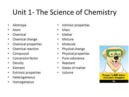 Unit 1- The Science of Chemistry Allotrope Atom Chemical Chemical change Chemical properties Chemical reaction Compound Conversion factor Density Element.