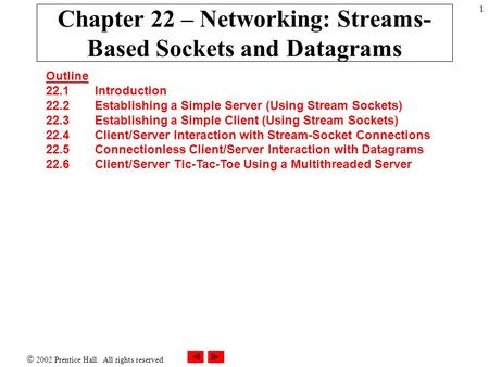  2002 Prentice Hall. All rights reserved. 1 Chapter 22 – Networking: Streams- Based Sockets and Datagrams Outline 22.1 Introduction 22.2 Establishing.