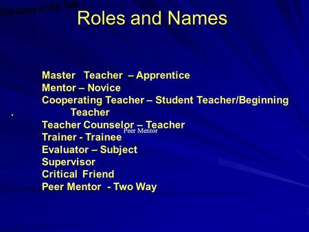 Master Teacher – Apprentice Mentor – Novice Cooperating Teacher – Student Teacher/Beginning. Teacher Teacher Counselor – Teacher Trainer - Trainee Evaluator.