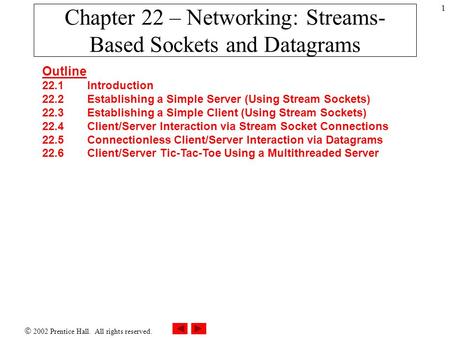  2002 Prentice Hall. All rights reserved. 1 Chapter 22 – Networking: Streams- Based Sockets and Datagrams Outline 22.1Introduction 22.2 Establishing a.