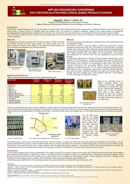 APPLIED RESEARCHES CONCERNING THE FORTIFIED GLUTEN-FREE CEREAL-BASED PRODUCTS DESIGN Duta, D.E. 1, Gagiu, V. 1, Olteanu, M. 2 1 Institute of Food Bioresources,