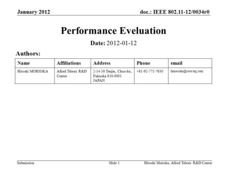 Doc.: IEEE 802.11-12/0034r0 Submission NameAffiliationsAddressPhoneemail Hitoshi MORIOKAAllied Telesis R&D Center 2-14-38 Tenjin, Chuo-ku, Fukuoka 810-0001.