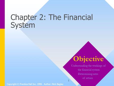 1 Chapter 2: The Financial System Copyright © Prentice Hall Inc. 1999. Author: Nick Bagley Objective Understanding the workings of the financial system.