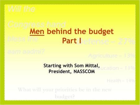 Defense – 27% Agriculture – 13% Education – 11% Health – 14% Will the Congress hand bless the aam aadmi? What will your priorities be in the new budget?