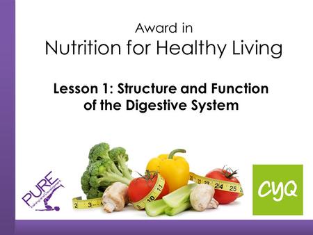 Award in Nutrition for Healthy Living Lesson 1: Structure and Function of the Digestive System.