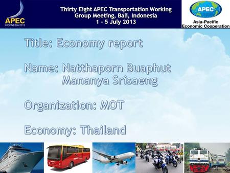 Thirty Eight APEC Transportation Working Group Meeting, Bali, Indonesia 1 – 5 July 2013 Thirty Eight APEC Transportation Working Group Meeting, Bali, Indonesia.