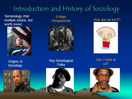 Introduction and History of Sociology Terminology (Not multiple choice, but worth more) Key Sociological Folks How are we kin?!? Can I Holla at ya? 3.