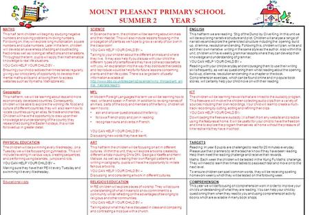 MOUNT PLEASANT PRIMARY SCHOOL SUMMER 2 YEAR 5 MATHS This half term children will begin by studying negative numbers and solving problems involving numbers.