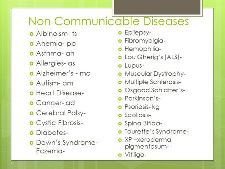 Non Communicable Diseases  Albinoism- ts  Anemia- pp  Asthma- ah  Allergies- as  Alzheimer’s - mc  Autism- am  Heart Disease-  Cancer- ad  Cerebral.