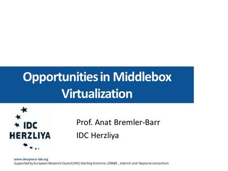 Opportunities in Middlebox Virtualization Prof. Anat Bremler-Barr IDC Herzliya www.deepness-lab.org Supported by European Research Council (ERC) Starting.