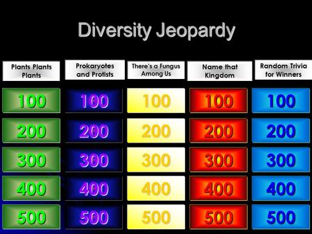 Diversity Jeopardy Plants Plants Plants Prokaryotes and Protists There’s a Fungus Among Us Name that Kingdom Random Trivia for Winners 100 200 300 400.