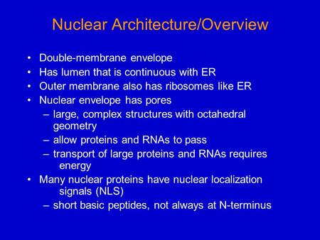 Nuclear Architecture/Overview Double-membrane envelope Has lumen that is continuous with ER Outer membrane also has ribosomes like ER Nuclear envelope.