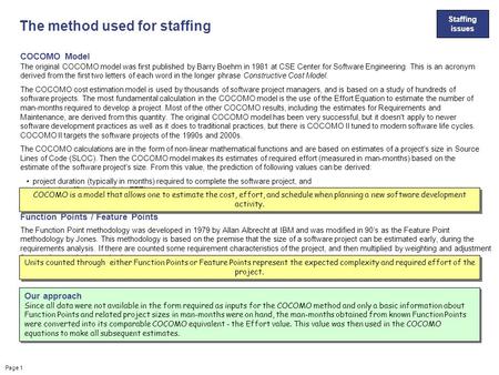 Page 1 COCOMO Model The original COCOMO model was first published by Barry Boehm in 1981 at CSE Center for Software Engineering. This is an acronym derived.