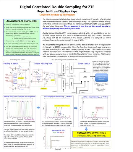 Digital Correlated Double Sampling for ZTF Roger Smith and Stephen Kaye California Institute of Technology The digital equivalent of dual slope integration.