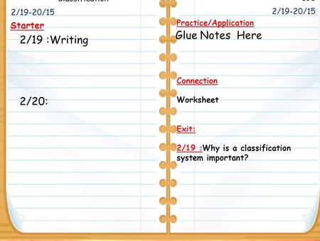 2/19-20/15 Starter 2/19 :Writing 2/20: 2/19-20/15 167 168 Classification Practice/Application Connection Worksheet Exit: 2/19 :Why is a classification.