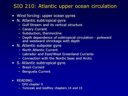 SIO 210: Atlantic upper ocean circulation Wind forcing: upper ocean gyres N. Atlantic subtropical gyre –Gulf Stream and its vertical structure –Canary.