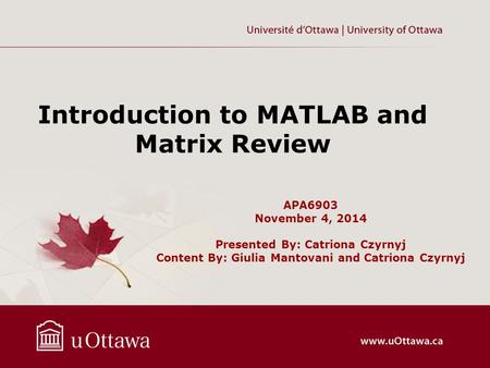 APA6903 November 4, 2014 Presented By: Catriona Czyrnyj Content By: Giulia Mantovani and Catriona Czyrnyj Introduction to MATLAB and Matrix Review.