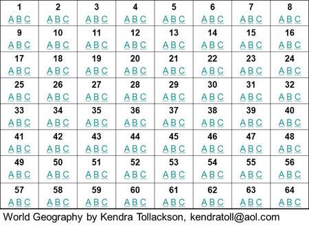 World Geography by Kendra Tollackson,