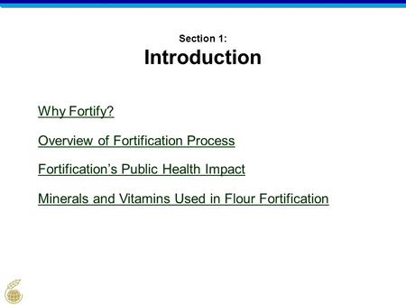 Section 1: Introduction Why Fortify? Overview of Fortification Process Fortification’s Public Health Impact Minerals and Vitamins Used in Flour Fortification.