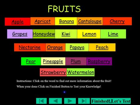 FRUITS Apple Apricot Banana Cantaloupe Cherry Grapes Honeydew Kiwi