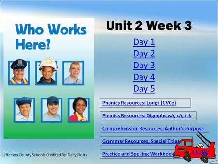 HOME Unit 2 Week 3 Phonics Resources: Long i (CVCe) Phonics Resources: Digraphs wh, ch, tch Comprehension Resources: Author’s Purpose Grammar Resources: