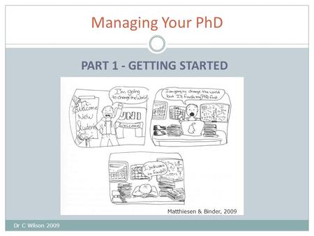 PART 1 - GETTING STARTED Dr C Wilson 2009 Managing Your PhD Matthiesen & Binder, 2009.