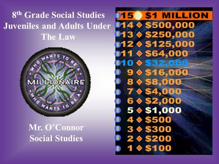 8 th Grade Social Studies Juveniles and Adults Under The Law Mr. O’Connor Social Studies.