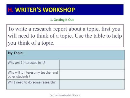 H. WRITER’S WORKSHOP 1. Getting It Out