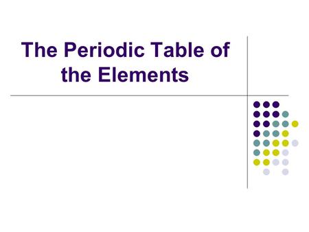 The Periodic Table of the Elements. Elements: pure substances made of only 1 kind of atom Period: row of elements across table every element in period.