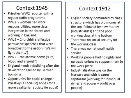 Context 1945 Priestley WW2 reporter with a regular radio programme WW2 - women had work responsibilities, more class integration in the forces and working.