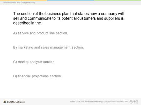 Free to share, print, make copies and changes. Get yours at www.boundless.com Small Business and Entrepreneurship The section of the business plan that.