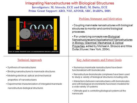 Integrating Nanostructures with Biological Structures Investigators: M. Stroscio, ECE and BioE; M. Dutta, ECE Prime Grant Support: ARO, NSF, AFOSR, SRC,