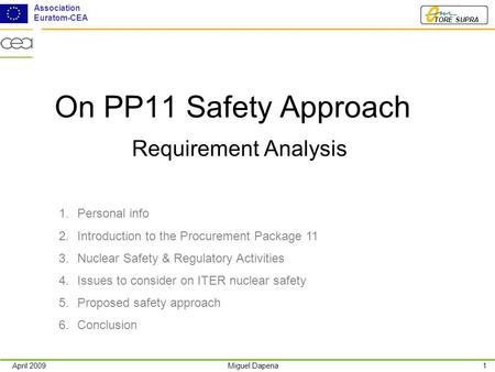 April 20091Miguel Dapena TORE SUPRA Association Euratom-CEA On PP11 Safety Approach Requirement Analysis 1.Personal info 2.Introduction to the Procurement.